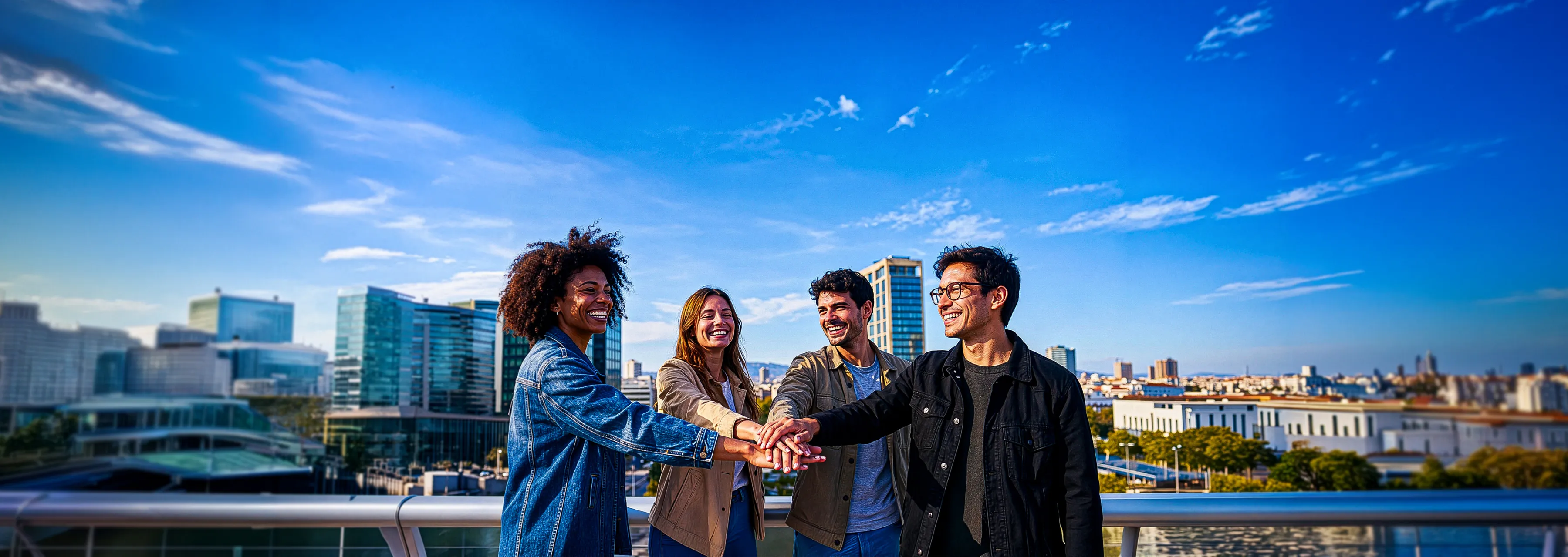 Quatro empreendedores sorrindo e unindo as mãos, com a cidade ao fundo